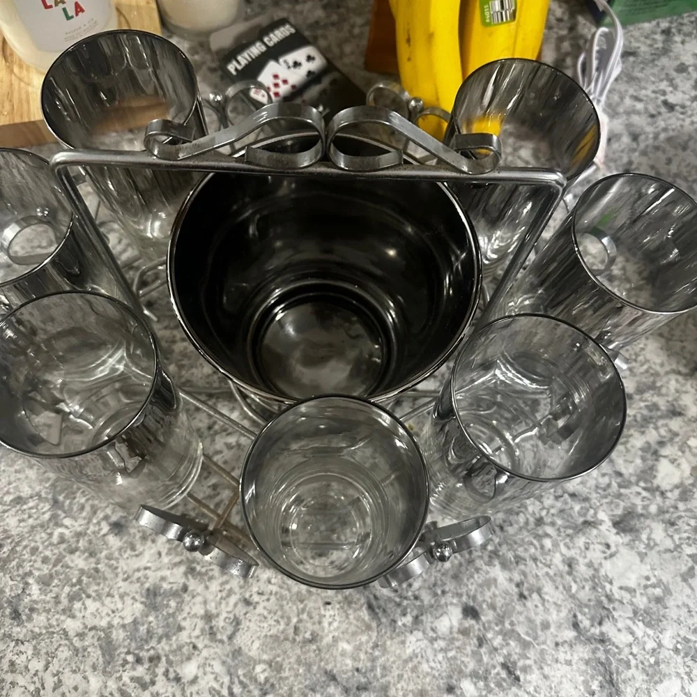 Mid-Century Silver Fade Glassware‎ Set with Caddy & Ice Bucket | 7 Glasses |